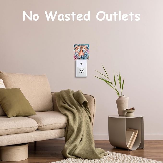 Watercolor Tiger Surrounded by Flowers Night Light Plug Wall,LED Night Lights with Dusk to Dawn Light Sensor for Women Girls Boys Room Decor,Hallway,Kitchen,Bathroom,Nursery,Stairs