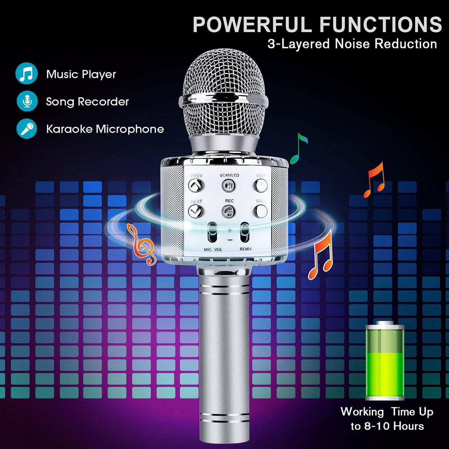 BlueFire 4 in 1 Karaoke Wireless Microphone with LED Lights, Portable Microphone for Kids, Great Gifts Toys for Kids, Girls, Boys and Adults (Silver)
