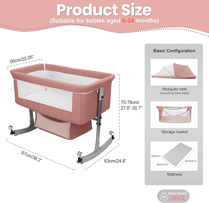 3-in-1 Baby Bassinet Bedside Sleeper for Newborns & Infants - 6-Level Height Adjustable, Portable Convertible Bassinet/Cradle with Mosquito Net, Storage Basket & Wheels,Easy Assemble (Pink)