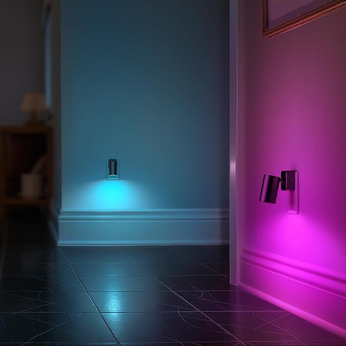 Night Lights Plug into Wall, 320° Rotation Night Light, RGB Color Changing Nightlight, Spot Light Dimmable Brightness, Dusk to Dawn Nightlight for Bedroom, Spot Light, Kids Room, Stair, 2 Pack