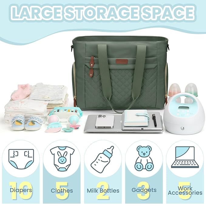 Diaper Bag Tote for Working Mom, Large Travel Diaper Tote for Mom and Dad with 14 Inch Laptop Sleeve, Mommy Maternity Travel Baby Bag for Boys and Girls, Green