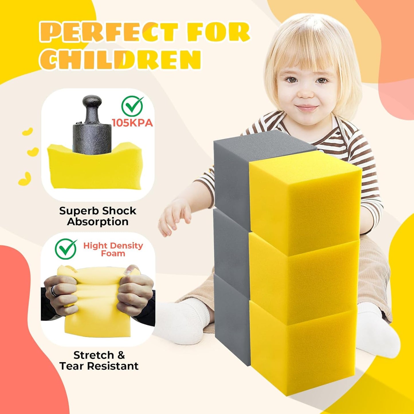 Foam Pit Cubes, 24 PCS 5 Inches Gymnastics Foam Blocks Trampoline Blocks, Multi-Sport Protective Padding for Gymnastics, Trampoline, Parkour, Skate Parks & BMX - Dark Grey & Yellow