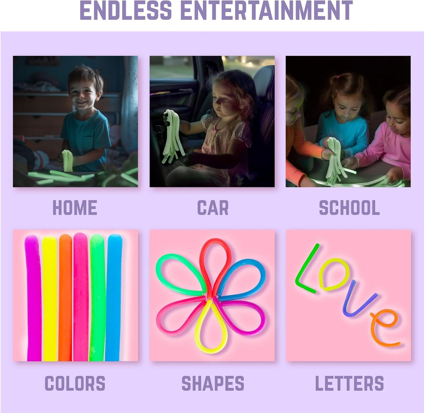 BUNMO Stretchy Strings - Sensory Toys for Toddlers 1-3 - Stimulating & Addictive Sensory Toys for Kids with Autism - Fidget Toy for Anxiety & Stress Relief - Hours of Fun for Kids - Glow 6pk