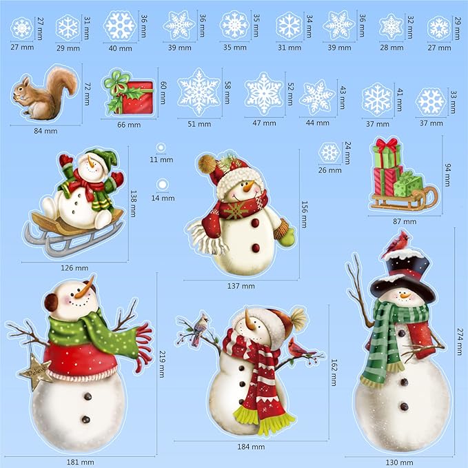 Christmas Window Clings，Snowflake Stickers，Snowman Decals，Stickers for Windows Glass，Winter Window Cling，Christmas Decorations Holiday