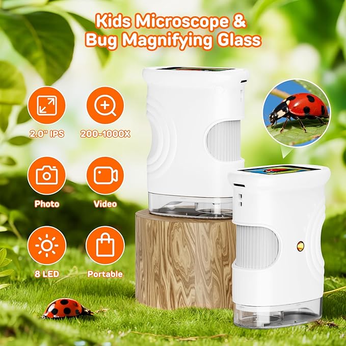 1000X Handheld Digital Microscope for Kids with 2.0" IPS Screen, Portable STEM Science Lab Toy, Rechargeable Pocket Microscope Educational Gift for Boys & Girls Age 4-6 8-12, White