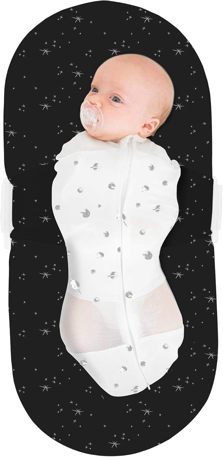 Happiest Baby SNOO Sleep Sack - 100% Organic Cotton Baby Swaddle Blanket - Doctor Designed Promotes Healthy Hip Development (Ivory Planets Black Wings, Small)