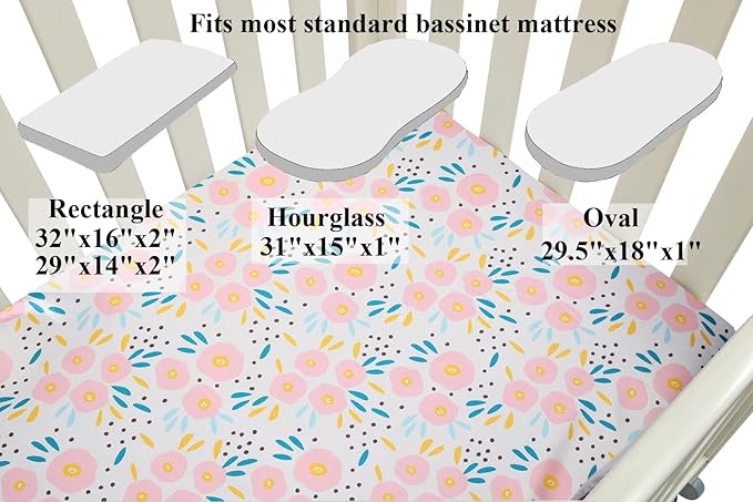 Bassinet Sheet Set 2 Pack Satin Ultra Soft Silk Fit for Rectangle, Hourglass, Oval Bassinet Mattress Protect for Baby Hair and Skin Cradle or Bassinet Sheets, Floral & Floral