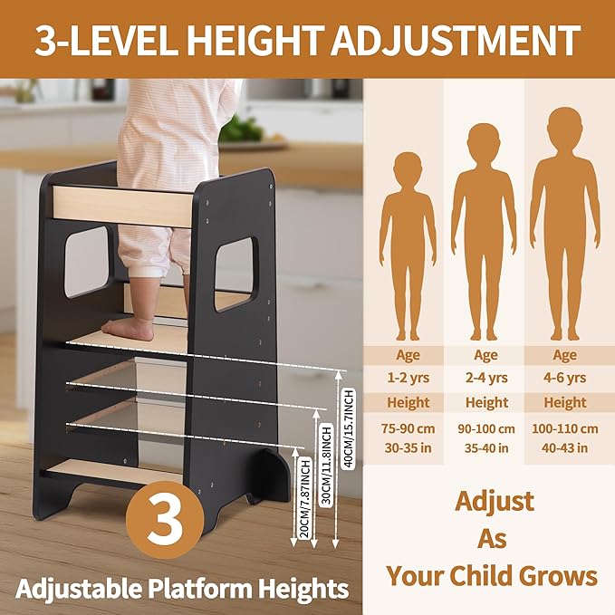 Toddler Kitchen Helper Tower for Ages 1–6 – 3-Level Adjustable Learning Tower, Toddler Standing Tower & Kitchen Stool Helper with Safety Rail, CPC Certified, Black