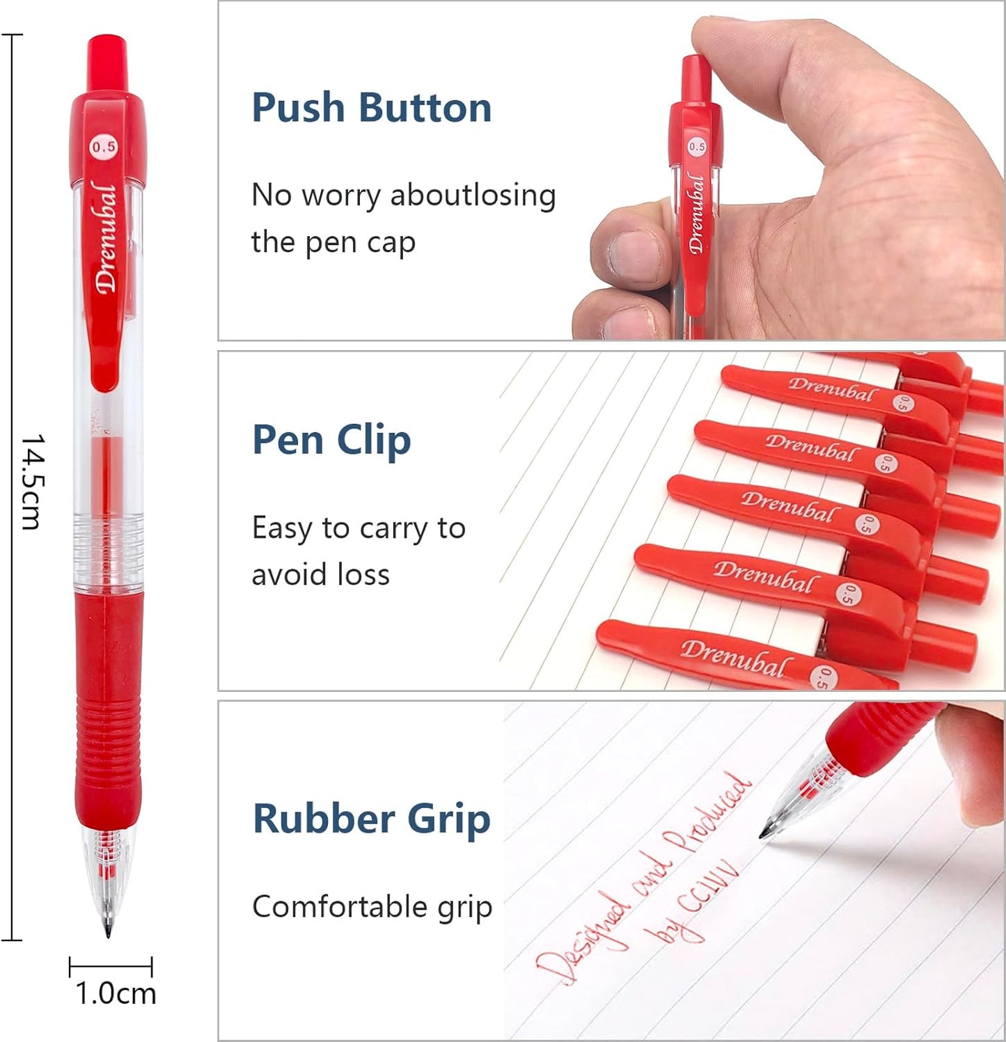 Gel Pens 0.5mm - Red Ink, Quick-Drying, Comfort Grip Writing for School, Office, Exams - Gift Set for Students, Fine Point Ballpoint Pens 6-Pack