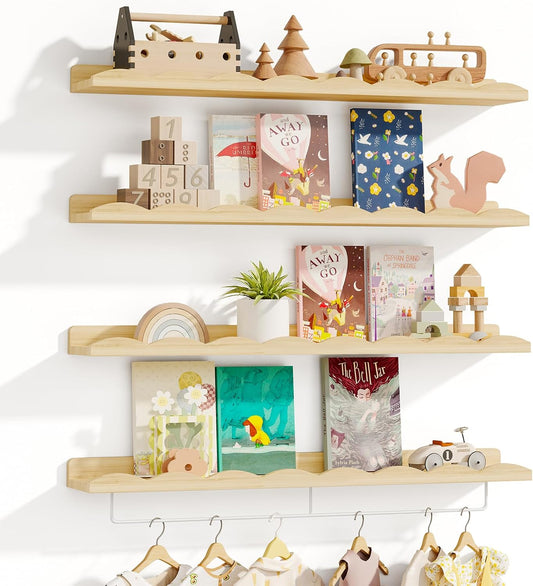 Fixwal Nursery Shelves, 24 Inch Floating Bookshelves for Wall Set of 4, Scalloped Wall Book Shelves with Towel Rack for Kids, Toddler Room, Baby Room, Nursery Decor and Storage(Natural Wood)