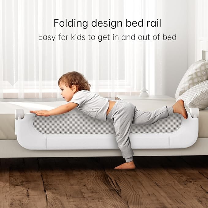 Folding Bed Rail for Toddlers,Baby Bed Rail Guard with Reinforced Anchor Safety System,Fit Bunk,Full Size,Queen,King,Twin(White,59"x23.6")