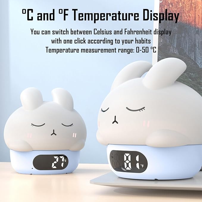 Cute Bunny RGB Rechargeable Night Light, Soft Silicone Lampshade, Adjustable Brightness LED Clock, Date, Alarm, Thermometer, Timer, Tap Control, Bedroom Lamp, Gift for Girl and Kid (Blue Bunny)