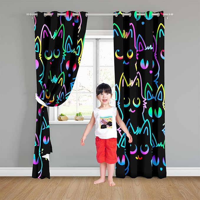 Cat Blackout Curtains for Girls - 2Pcs Cute Cartoon Cat Patterns Curtain Panels for Girls Bedroom Lovely Cats Drapes Darkening Window Curtain for Living Room Bedroom, 82" x 84"