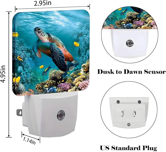 Sea Turtle Corals Fish Night Light,Plug Into Wall with Dusk to Dawn Light Sensors, Warm Nightlights for Bedroom, Bathroom, Hallway, Kitchen, Gifts Ideal for Boys Girls Women Men