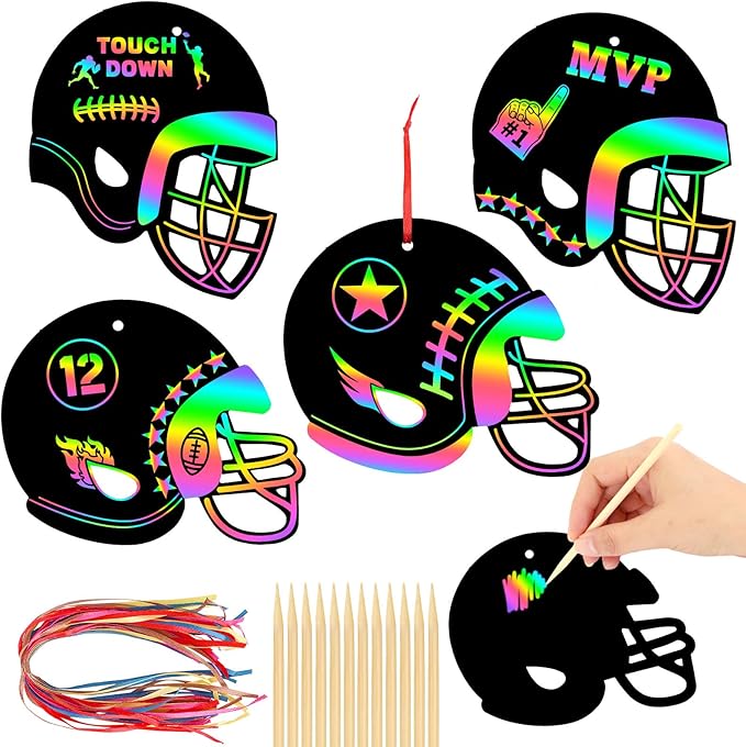JULMELON 36 PCS Football Crafts for Kids, Rainbow Scratch Paper Art for Kids Football Party Favors Helmet Scratch Off Cards for Birthday Party Supplies School Activities