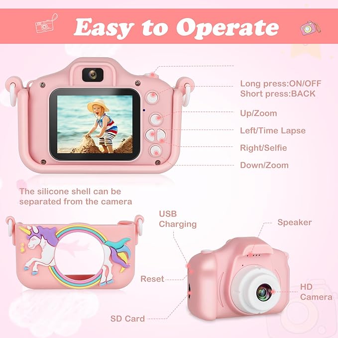 Kids Camera,HD Digital Video Camera with Protective Cover,Childrens Toys for 3 4 5 6 7 8 9 Year Old Boys/Girls,Selfie Camera for Kids,Christmas Birthday Gifts with 32GB SD Card (Unicorn Pink)