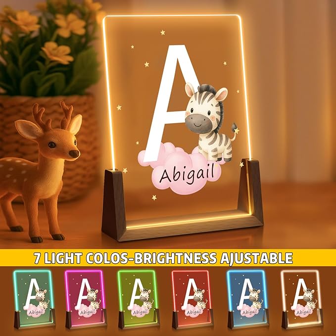 Custom Baby Gift Night Light for Baby Boys Girls Nursery Decor, Personalized Initial Name LED Night Light with Wooden Base, LED Color-Changing Lamp for Toddlers Kids 3