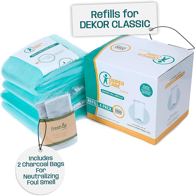 Jasclair Refill Bags Compatible with Dekor Classic Diaper Pail (4 Pack) | Baby Powder Scent | Multi-Layer Odor-Locking Liners | Leak-Resistant | Not for Dekor Plus