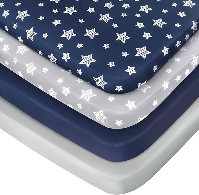 Pack and Play Sheets Boys, 4 Pack Mini Crib Sheets, Stretchy Pack and Play Playard Fitted Sheet, Compatible with Graco Pack n Play, Soft and Breathable Material, Navy