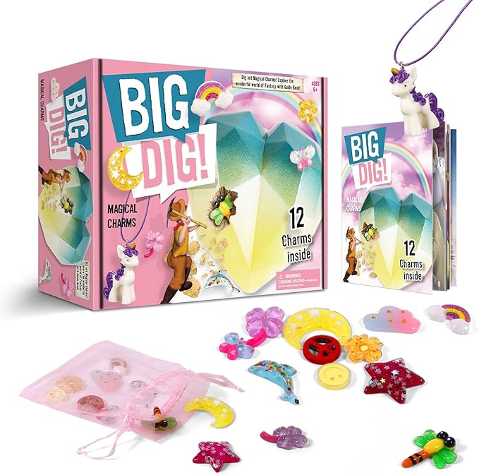 Eggbox Big Dig Magical Charms Excavation Kit (22 * 22 * 8CM) - 12 Enchanted Bracelet Charms Dig Set with Tools, Archaeology Craft Kit for Girls 8-12