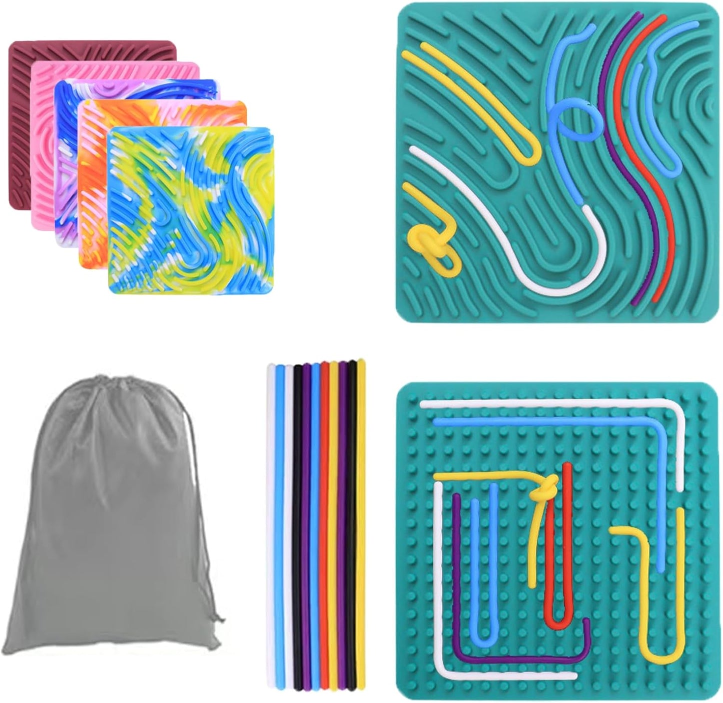 Sensory Activity Board, Silicone Fidget Toy Silent, No Mess for Calming/Stress/Anxiety/ADHD & Autism Kids & Adults, Travel Sensory Activity Board with Portable Storage Bag & 20 Strings