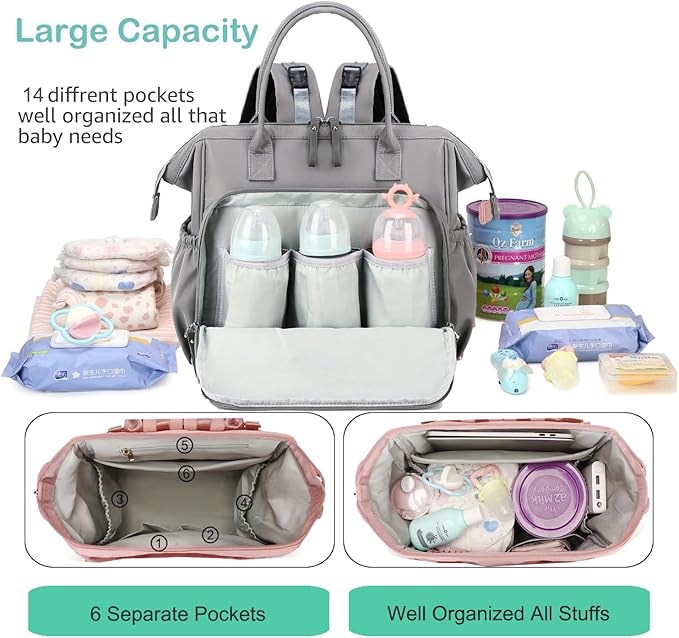 Convertible Diaper Bag Tote, Wide Open Top 14 Pockets Stylish Baby Diaper Bag with Stroller Buckle, Water-resistant (Grey, Large)