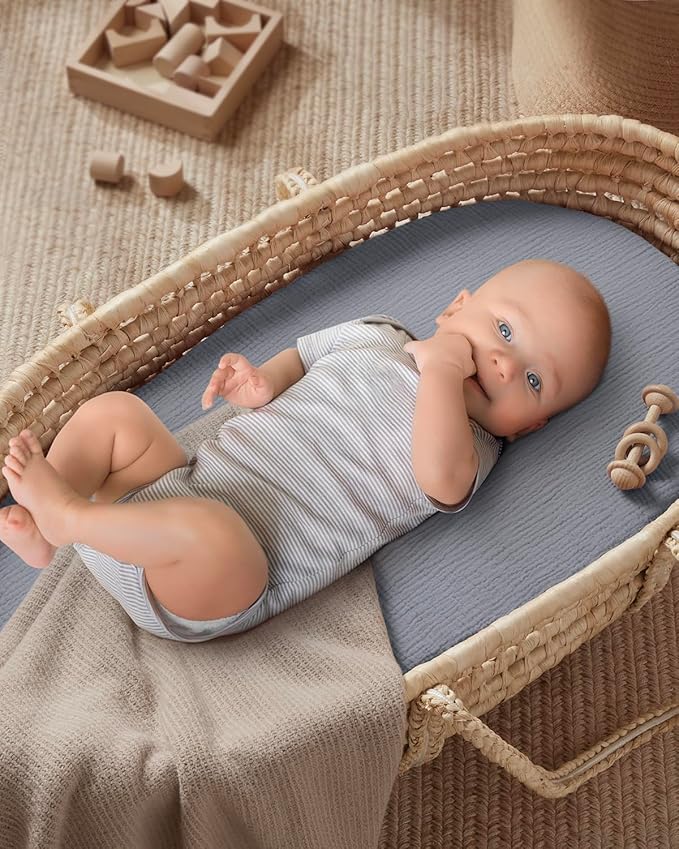 Blissful Diary Muslin Bassinet Sheets for Baby Girls Boys, Boho Soft Cotton Fitted for Oval Hourglass Rectangle Mattress, 2 Pack(Light Blue&Grey)