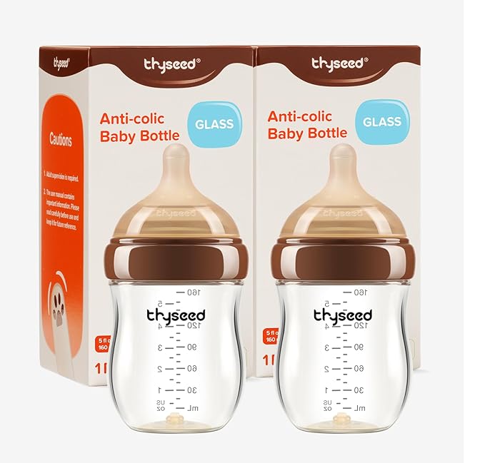 Thyseed Glass Natural Anti-Colic Baby Bottles | Newborn Breast Like Nursing Bottle for Breastfed Babies with Nipple(0-1 Months), 5oz, 2 Pack