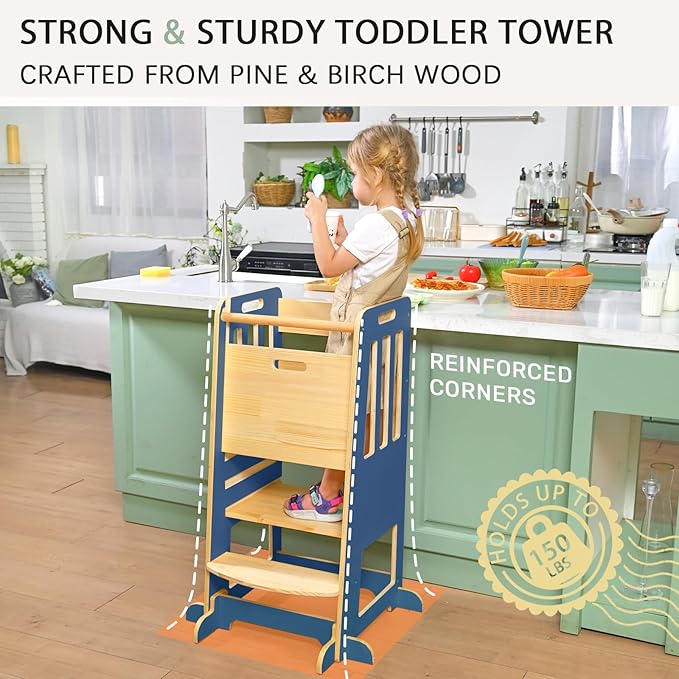 WINGYZ Toddler Kitchen Stool – Adjustable Helper Tower for Kids with Safety Rail, Wooden Standing Step-Up Stool, Sliding Door & Stable Base, Dark Blue