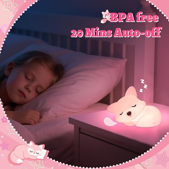Pink Fox Night Light Toy Gifts for Girls, Cute Fox Squishy Lamp for Daughter Gifts, Dimmable Rechargeable Silicone Animal Night Light, Sweet Birthday Xmas Gift for Girls Room Pink Decor