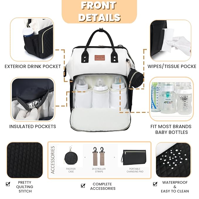 Baby Diaper Bag Backpack with Changing Pad, Pacifier Case, for Boy Girl Toddler - Large, Stylish, Waterproof Travel Quilted Diaper Bag for Mom - Black/White