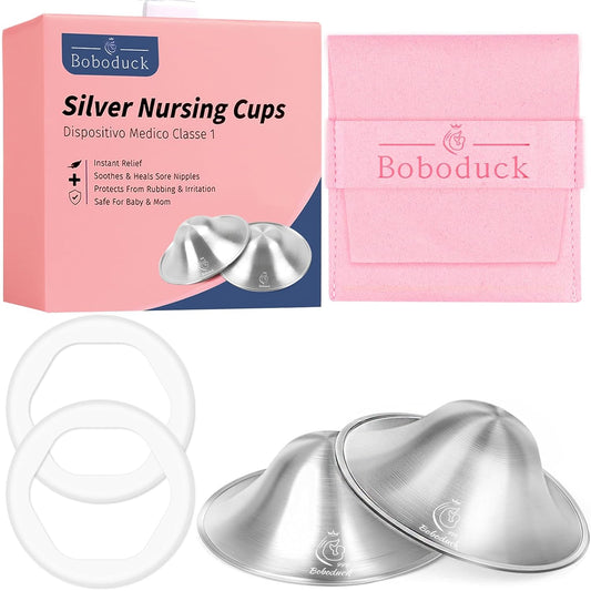 Boboduck The Original Silver Nursing Cups - 999 Silver Nipple Covers Breastfeeding - Protect and Soothe Sore Nipples - Breastfeeding Essentials Silver Nipple Guards with Soft Silicone Ring (Regular)