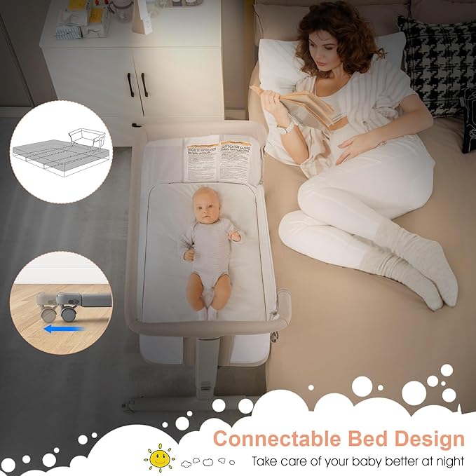 INFANS 3 in 1 Baby Bassinet, Bedside Sleeper for Newborn, Folding Crib with Mattress, Travel Bag, Wheels, 4-Sided Mesh, Easy to Assemble Cradle Co Sleeper Stationary, Rock (Beige)