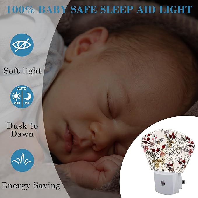 Butterfly Plug in Night Lights, Vintage Flowers Plants Nightlight Plug Into Wall Dusk to Dawn Sensor for Kid Girls Boys Women Men Bedroom, Hallway, Kitchen, Bathroom, Stairs Decor