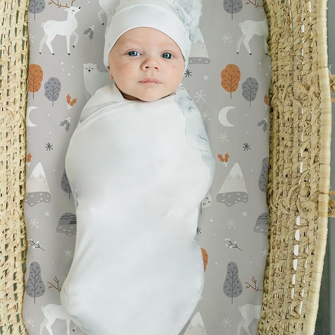 Stretch Fitted Bassinet Sheet Set BROLEX 2 Pack Cradle Sheets for Bassinet Pad/Mattress,Unisex Boys Girls,Ultra Soft,Snowy Forest