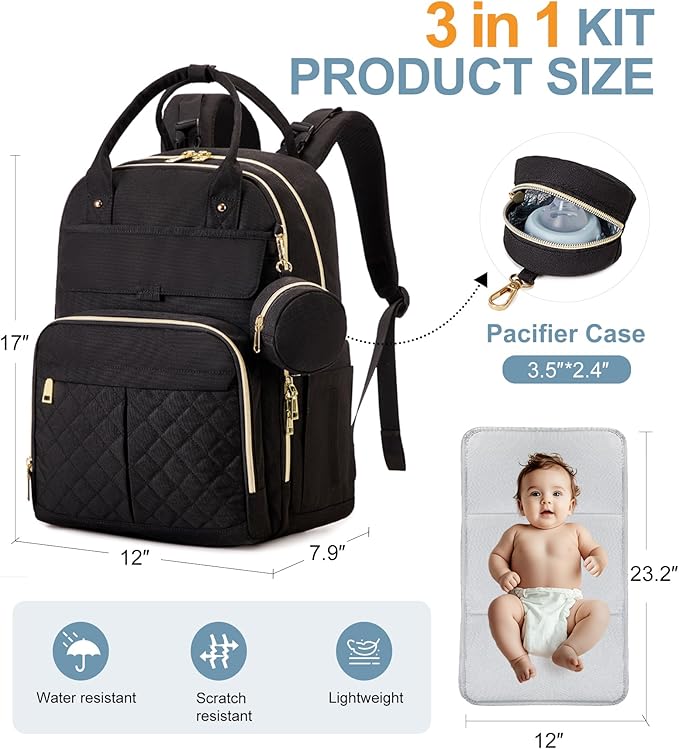 MOONBABY Diaper Bag Backpack, Baby Diaper Bags with Portable Changing Pad and Pacifier Case, Multifunctional Travel Diaper Backpacks, Unisex Baby Bags, Black