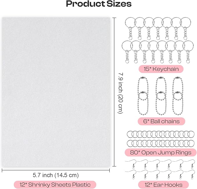 Auihiay 125PCS Shrink Dink Sheets Keychains Kit, 12PCS Shrinky Papers with Keychains and Open Jump Rings for DIY Shrinky Art Keychain Making, Halloween & Christmas Craft Decor