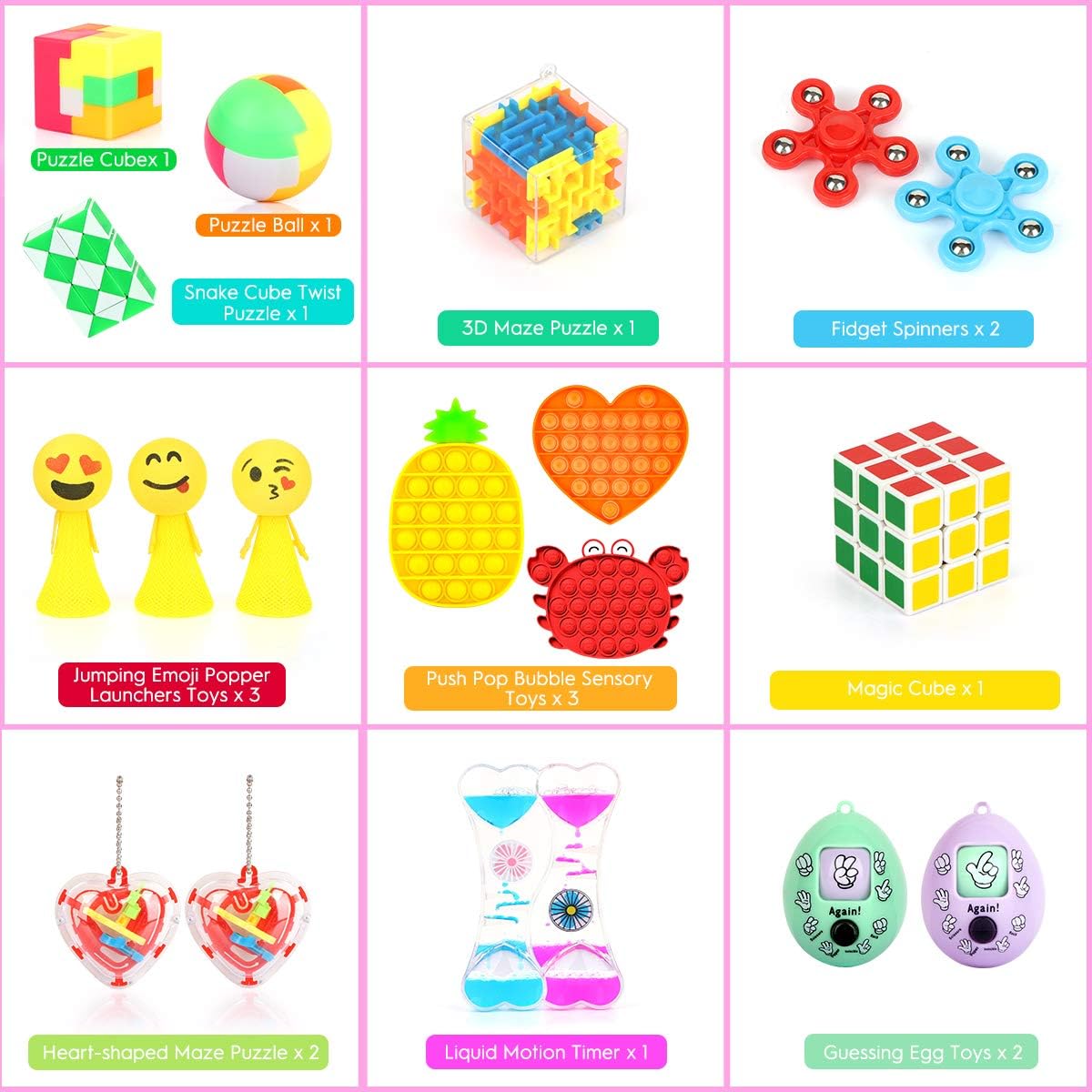 Fidget Toys Set with 3PCS Push Pop Bubble Sensory Toys, 18 Pack Stress Relief and Anti-Anxiety Toys for Kids Adults ADHD ADD Anxiety Autism with Puzzle Balls, Liquid Motion Timer, Guessing Egg Toys