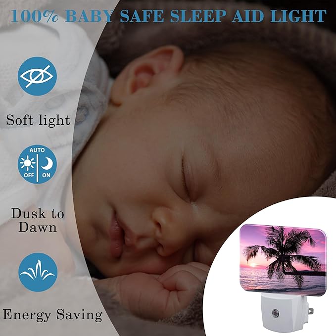 Beautiful Purple Pink Sunset Night Light Tropical Palm Tree Nightlight Plug into Wall with Dusk to Dawn Sensor for Kid Girls Boys Women Men Room, Hallway, Kitchen, Bathroom, Stairs Decor