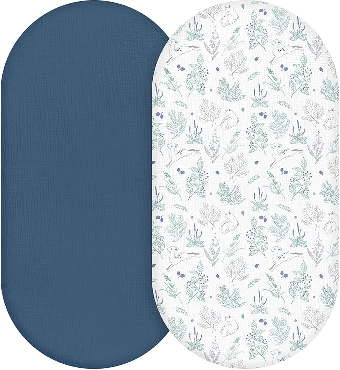 Muslin Bassinet Fitted Sheets, 2 Pack for Baby Boy and Girl, Soft Breathable Baby Pad/Mattress Sheet, Fit for Hourglass Oval and Rectangle Bassinet Mattress (Blue Deer)