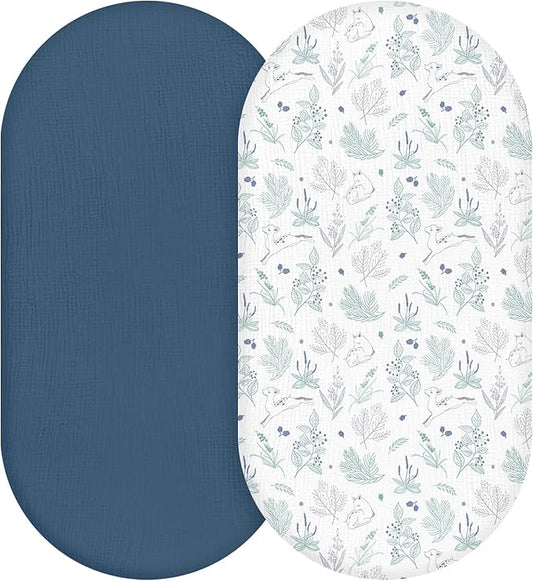Muslin Bassinet Fitted Sheets, 2 Pack for Baby Boy and Girl, Soft Breathable Baby Pad/Mattress Sheet, Fit for Hourglass Oval and Rectangle Bassinet Mattress (Blue Deer)