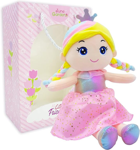 June Garden 14" Soft Baby Doll Vera - Stuffed Cuddly Princess Plush Gifts for Girls - Pink with Gift Bag
