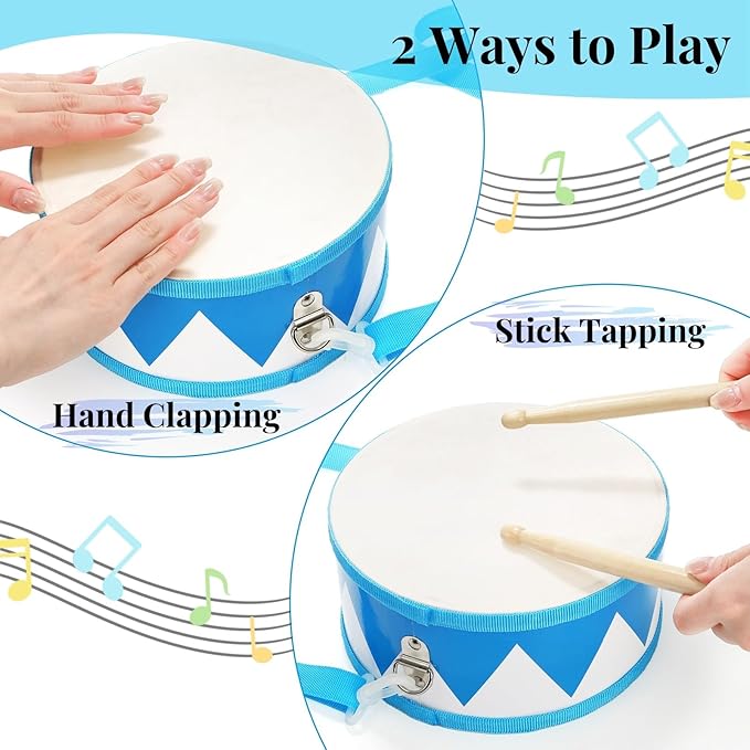 Kids Drum Set, 8 Inch Wooden Drum Toys with an Adjustable Strap, 2 Drumsticks, Educational Musical Sensory Percussion Musical Instrument Toy for Toddlers Kids Baby
