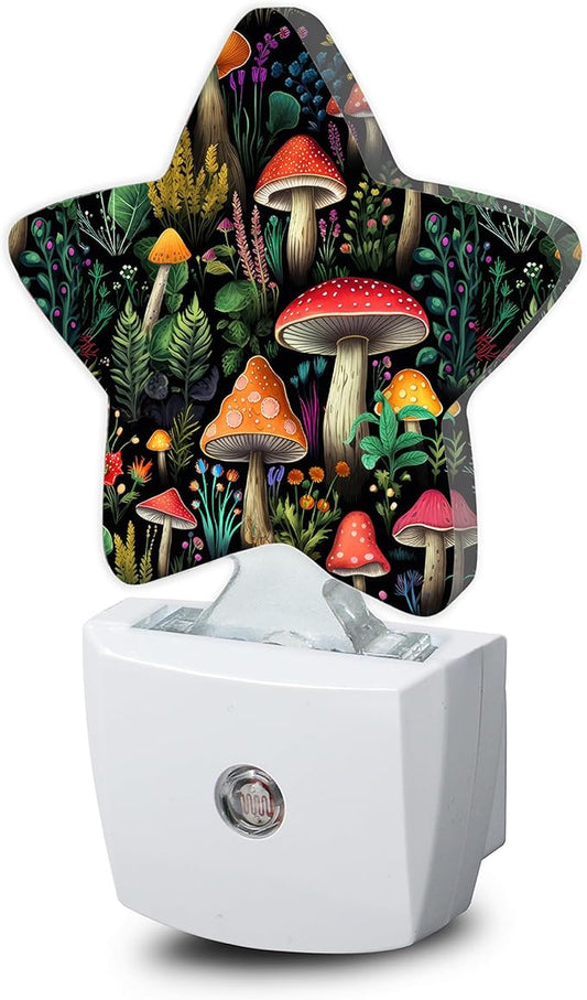Mushroom Forest Nightlight,Cute Floral Plant Star Night Lights Plug into Wall Decorations for Bedroom Bathroom,Dusk to Dawn Sensor Kitchen Hallway Stairs Energy Efficient Desk Lamp
