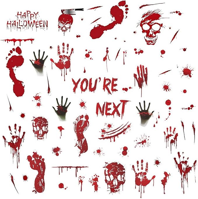 5 Sheets Halloween Window Cling Halloween Bloody Handprint Footprint Window Stickers Double-Side Blood Skull Blood Drop Window Stickers Bloody Handprint Stickers for Scary Party Decoration