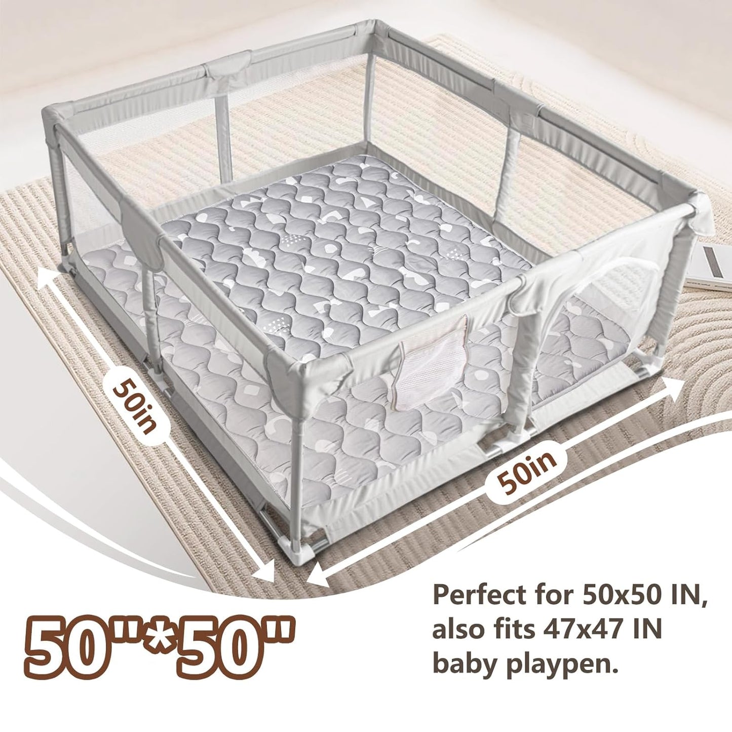 Baby Play Mat, 50x50 Playpen Mat with Super Soft Touch, Activity Mat with Upgraded Anti-Slip Bottom, Machine Washable Crawling Mat for Floor & Picnic (Boho Gray)