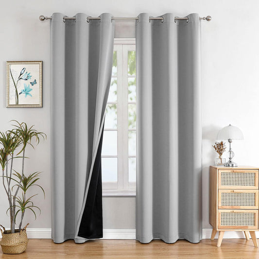ChrisDowa 100% Blackout Curtains for Bedroom with Black Liner, 2 Thick Layers Total Blackout Thermal Insulated Grommet Window Curtains 84 Inch Long 2 Panels Set (Light Grey, 42 x 84 Inch)