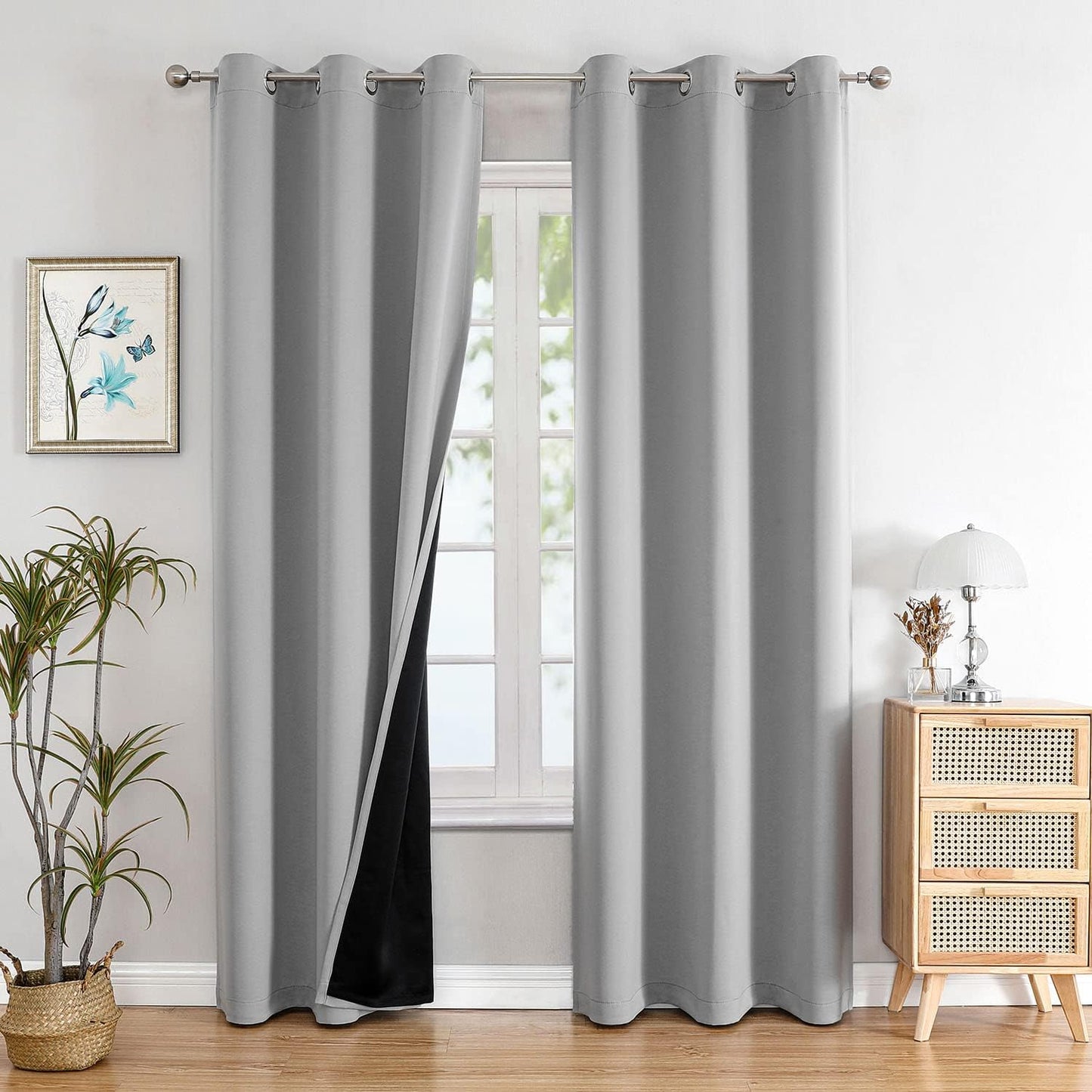 ChrisDowa 100% Blackout Curtains 84 inch Long for Bedroom with Black Liner, 2 Thick Layers Total Blackout Thermal Insulated Grommet Window Curtains 2 Panels Set (Light Grey, 38 x 84 Inch)