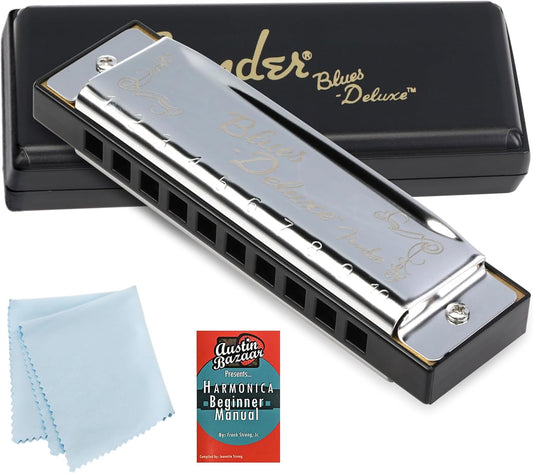 Fender Blues Deluxe Harmonica - Key of C Bundle with Carrying Case, Austin Bazaar Online Manual, and Polishing Cloth