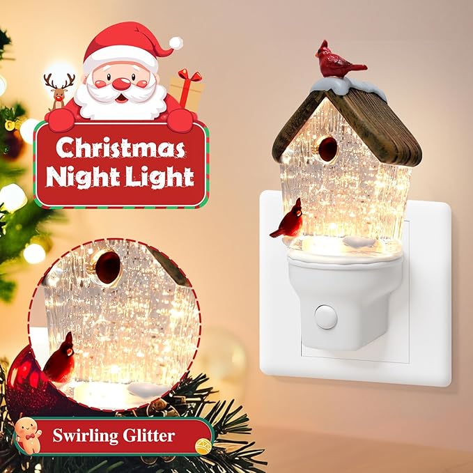 Christmas Birdhouse Night Light Plug into Wall Glitter Water Nightlight with USB/Outlet Options, Christmas Decorative Nightlight for Bedroom Kitchen Nursery Holiday Decorations Gifts (Birdhouse)